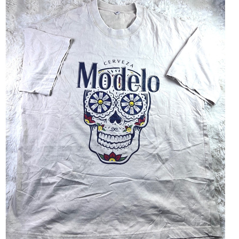 Cerveza Modelo Sugar Skull Graphic T-Shirt Mens XL Tan Short Sleeve Beer Tee A24